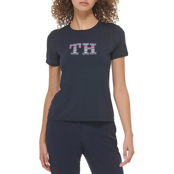 TOMMY Hilfiger Navy Blue Striped Logo Graphic Stretch Tees size Large - Picture 1 of 8